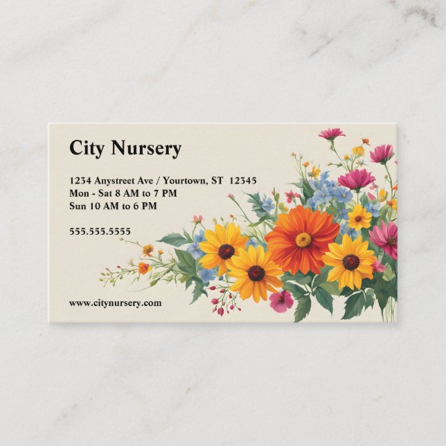 Colourful Flowers on Beige Nursery Plant Sales Business Card (Front)
