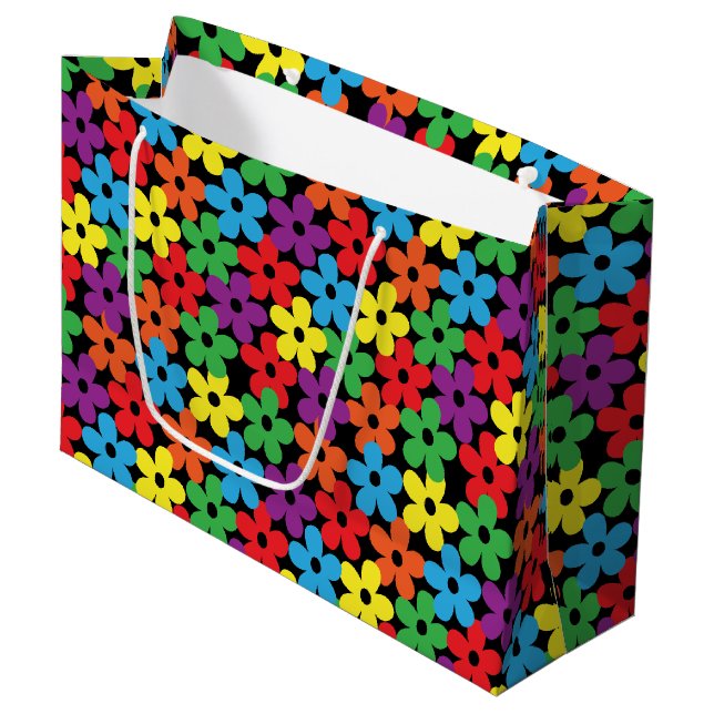 Colourful Flowers on Black Large Gift Bag (Front Angled)