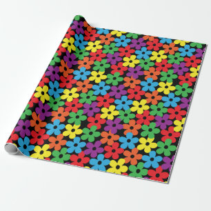 Colourful Flowers on Black Wrapping Paper