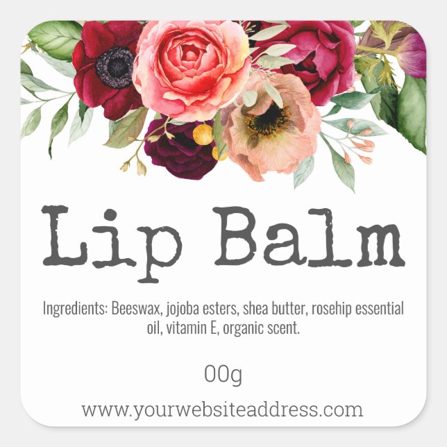 Colourful Flowers On White Lip Balm Tube Labels (Front)