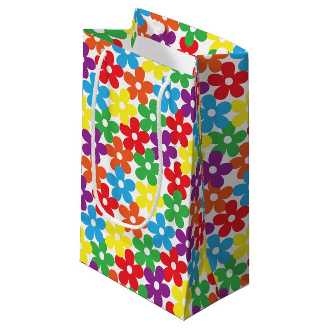 Colourful Flowers on White Small Gift Bag (Front Angled)