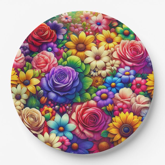 Colourful Flowers Paper Plate (Front)