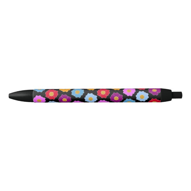 Colourful flowers pattern black ink pen (Front)