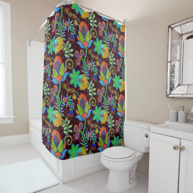 Colourful Flowers Pattern Glass-Beads Texture Shower Curtain (In Situ)