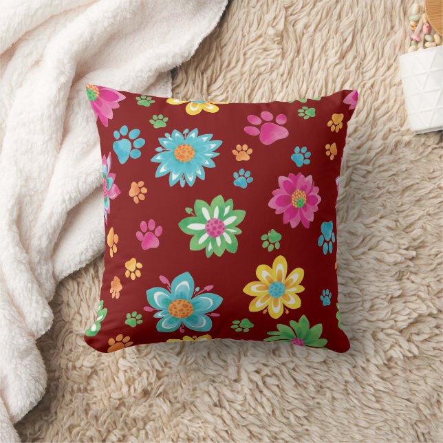 Colourful Flowers & Paw Prints Pillow (Blanket)