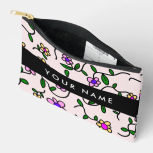 Colourful Flowers, Pink Background, Black Accessory Pouch