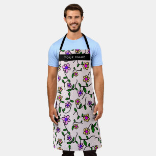 Colourful Flowers, Pink Background, Black Apron