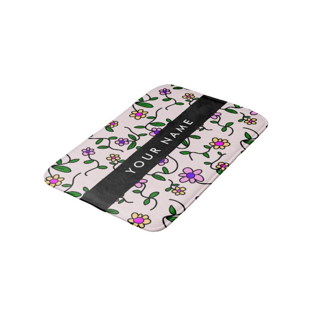Colourful Flowers, Pink Background, Black Bath Mat (Angled)