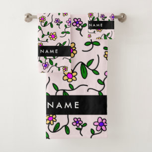 Colourful Flowers, Pink Background, Black Bath Towel Set