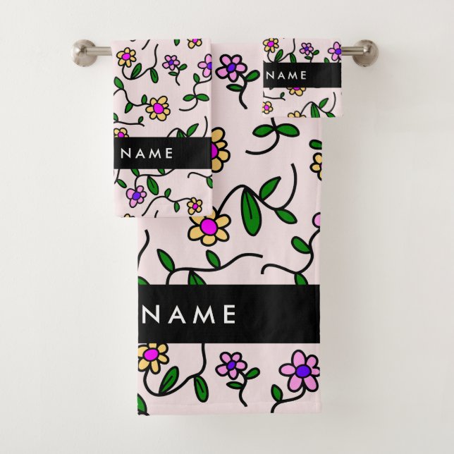 Colourful Flowers, Pink Background, Black Bath Towel Set (Insitu)