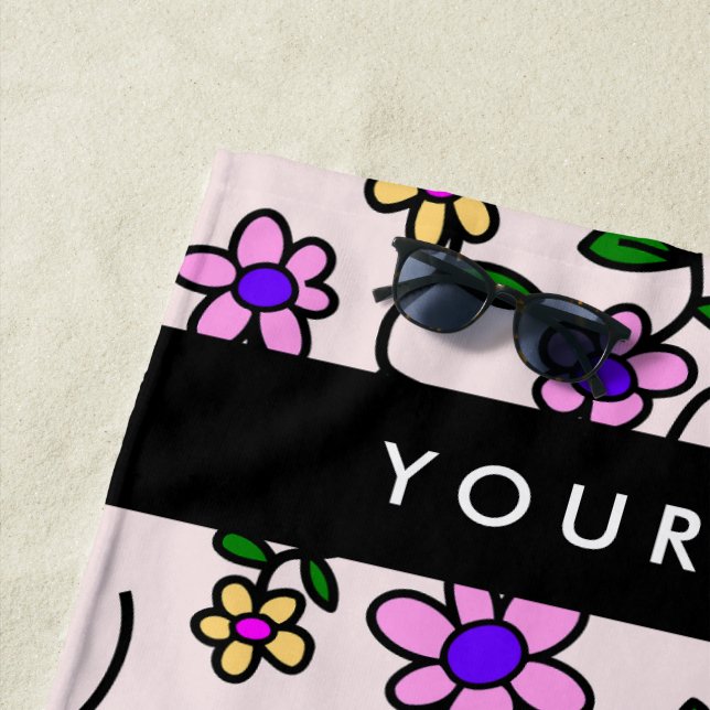 Colourful Flowers, Pink Background, Black Beach Towel (In Situ)