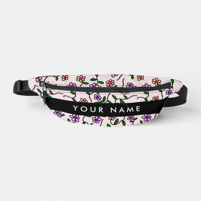 Colourful Flowers, Pink Background, Black Bum Bags (Front)