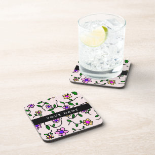 Colourful Flowers, Pink Background, Black Coaster