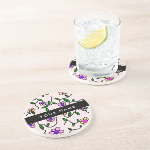 Colourful Flowers, Pink Background, Black Coaster