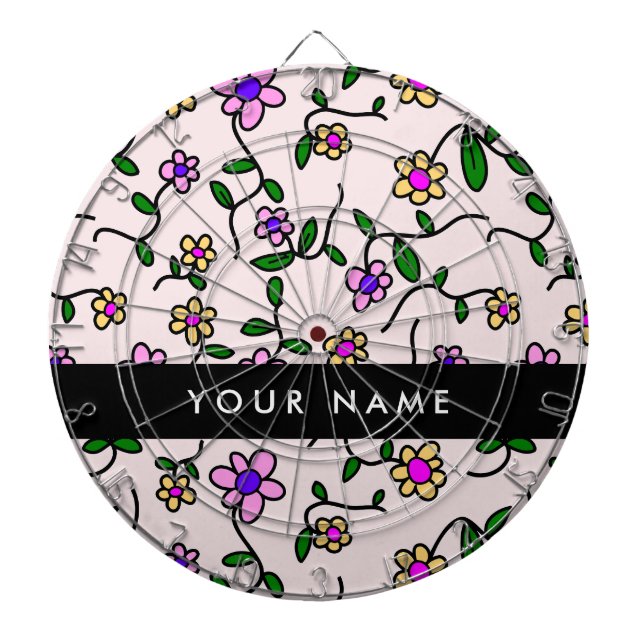 Colourful Flowers, Pink Background, Black Dartboard (Front)