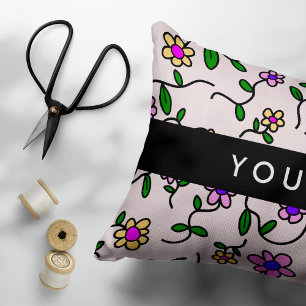 Colourful Flowers, Pink Background, Black Decorative Cushion