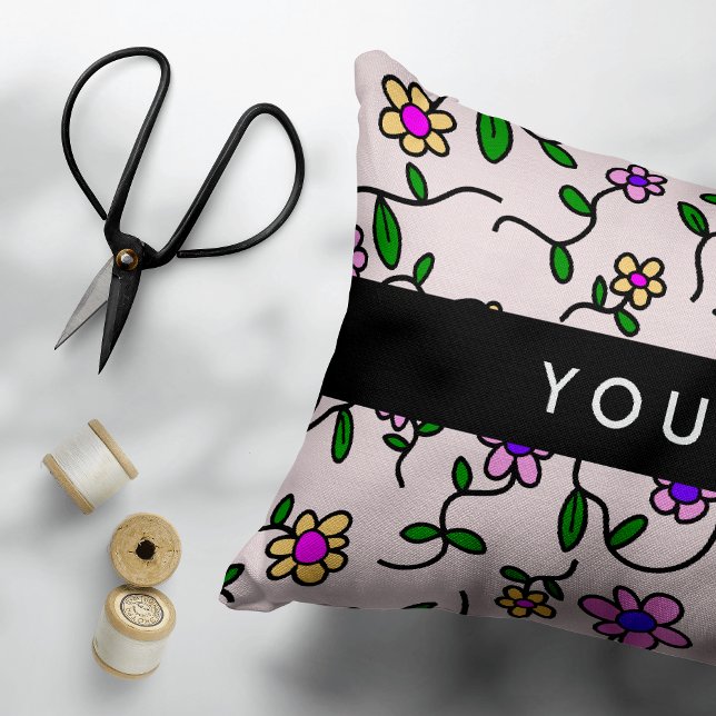 Colourful Flowers, Pink Background, Black Decorative Cushion (Creator Uploaded)