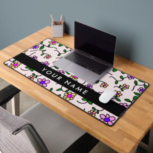 Colourful Flowers, Pink Background, Black Desk Mat