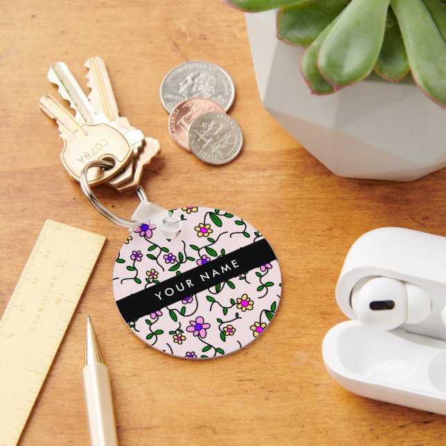 Colourful Flowers, Pink Background, Black Key Ring (Desk)