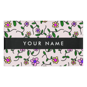 Colourful Flowers, Pink Background, Black Name Tag