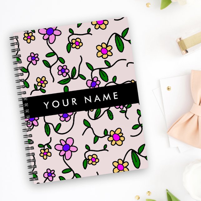 Colourful Flowers, Pink Background, Black Notebook (Creator Uploaded)