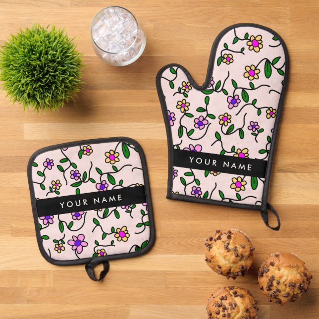 Colourful Flowers, Pink Background, Black Oven Mitt & Pot Holder Set (Top Down)