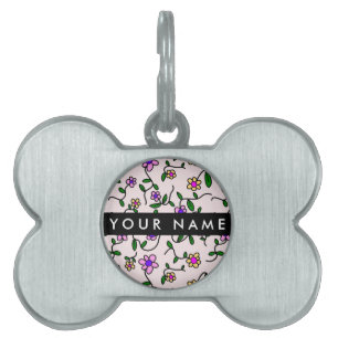 Colourful Flowers, Pink Background, Black Pet ID Tag