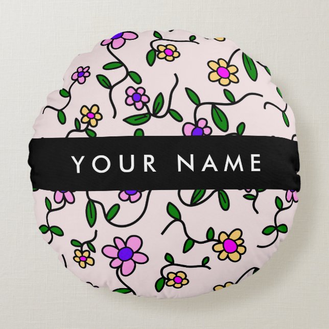 Colourful Flowers, Pink Background, Black Round Cushion (Front)