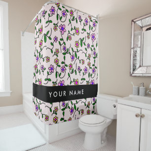 Colourful Flowers, Pink Background, Black Shower Curtain