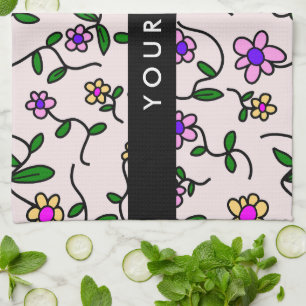 Colourful Flowers, Pink Background, Black Tea Towel
