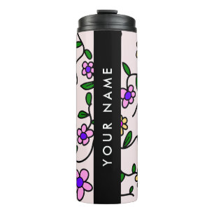 Colourful Flowers, Pink Background, Black Thermal Tumbler