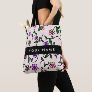 Colourful Flowers, Pink Background, Black Tote Bag