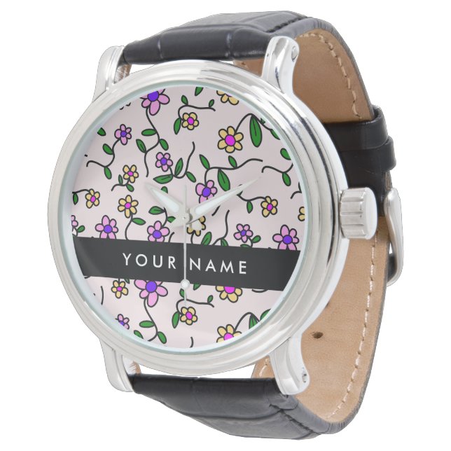 Colourful Flowers, Pink Background, Black Watch (Angled)