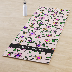 Colourful Flowers, Pink Background, Black Yoga Mat