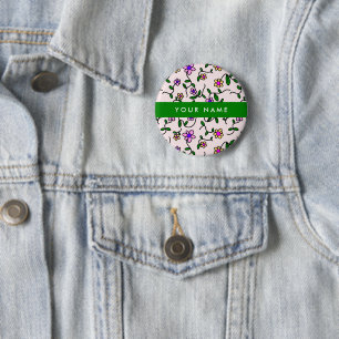 Colourful Flowers, Pink Background, Green 6 Cm Round Badge