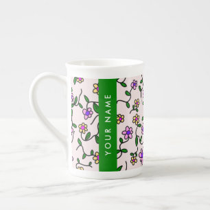 Colourful Flowers, Pink Background, Green Bone China Mug