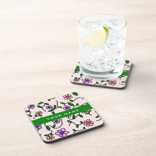 Colourful Flowers, Pink Background, Green Coaster