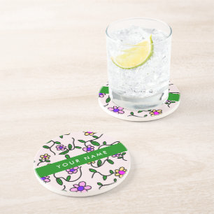 Colourful Flowers, Pink Background, Green Coaster