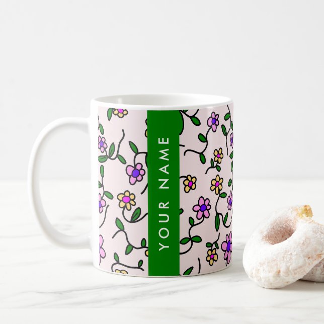 Colourful Flowers, Pink Background, Green Coffee Mug (With Donut)
