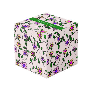 Colourful Flowers, Pink Background, Green Cube