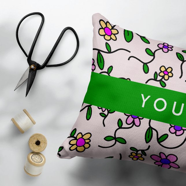 Colourful Flowers, Pink Background, Green Decorative Cushion (Creator Uploaded)