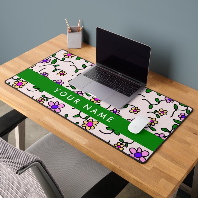 Colourful Flowers, Pink Background, Green Desk Mat (Office 2)