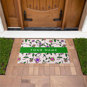 Colourful Flowers, Pink Background, Green Doormat