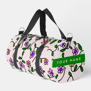 Colourful Flowers, Pink Background, Green Duffle Bag