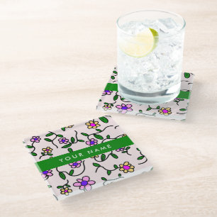 Colourful Flowers, Pink Background, Green Glass Coaster