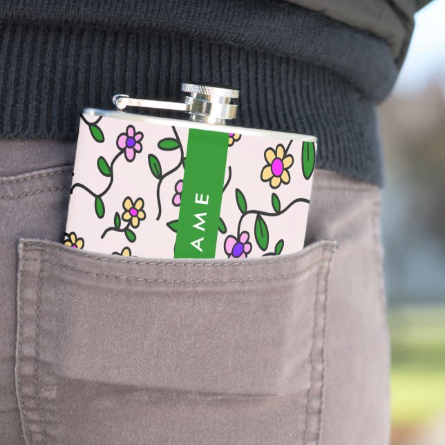 Colourful Flowers, Pink Background, Green Hip Flask (In Situ)