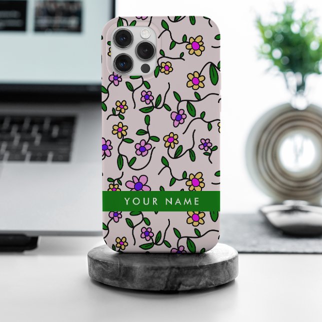 Colourful Flowers, Pink Background, Green iPhone Case (Creator Uploaded)