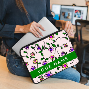 Colourful Flowers, Pink Background, Green Laptop Sleeve