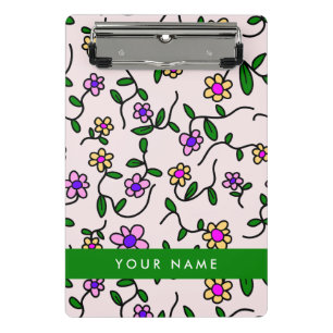Colourful Flowers, Pink Background, Green Mini Clipboard