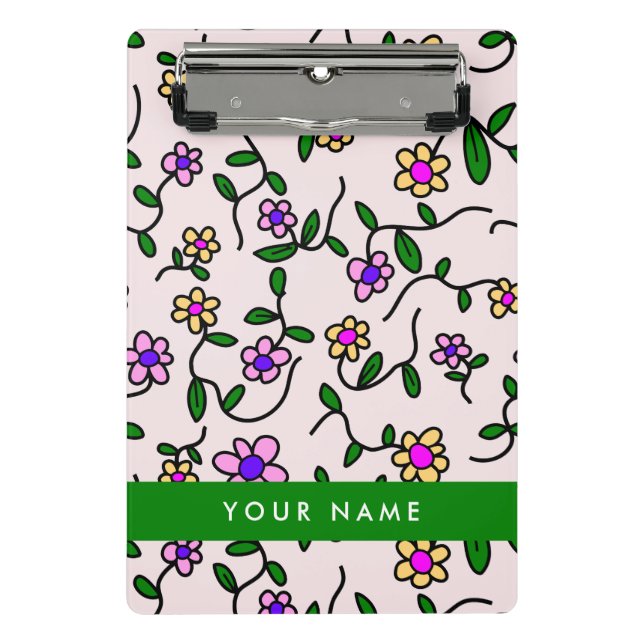 Colourful Flowers, Pink Background, Green Mini Clipboard (Front)